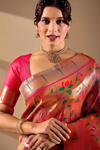 Peach silk blend woven design saree with blouse
