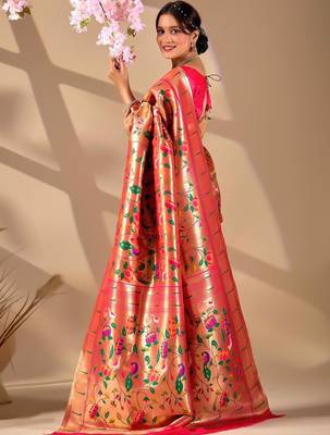 Peach silk blend woven design saree with blouse 3