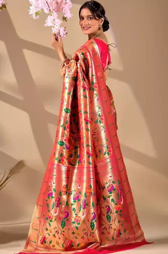 Peach silk blend woven design saree with blouse