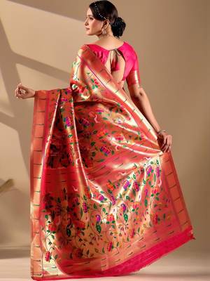Peach silk blend woven design saree with blouse 4