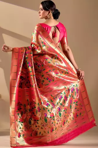 Peach silk blend woven design saree with blouse
