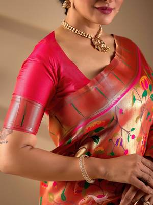 Peach silk blend woven design saree with blouse 5