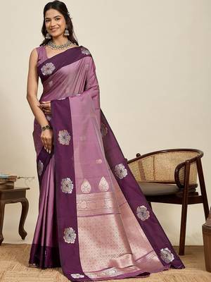 Purple silk blend woven design saree with blouse 1