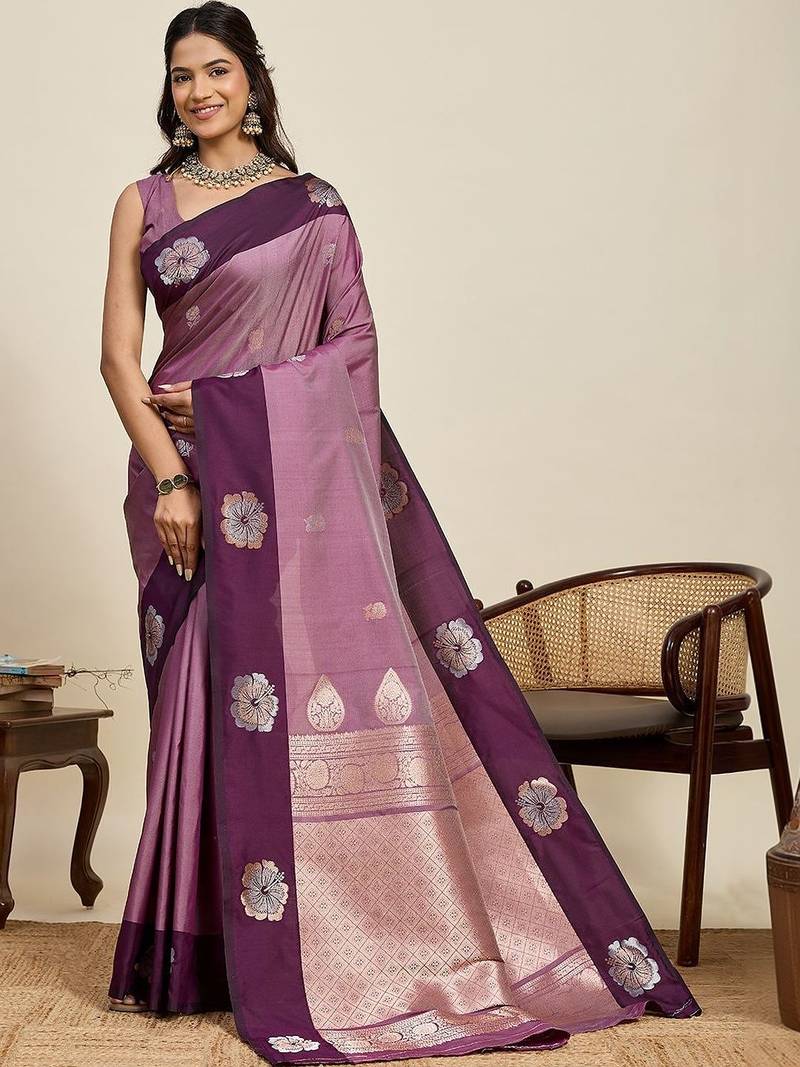 Purple silk blend woven design saree with blouse