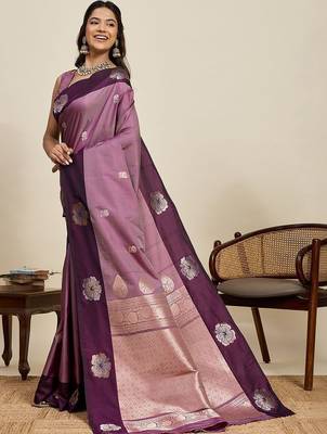 Purple silk blend woven design saree with blouse 3