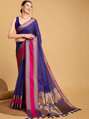 Blue silk blend woven design saree with blouse 1