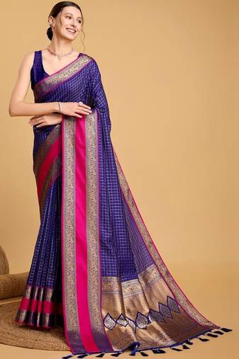 Blue silk blend woven design saree with blouse