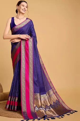 Blue silk blend woven design saree with blouse