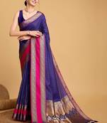 Blue silk blend woven design saree with blouse