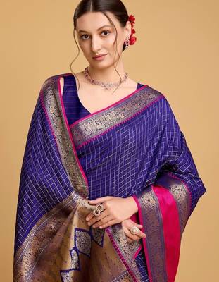 Blue silk blend woven design saree with blouse 2