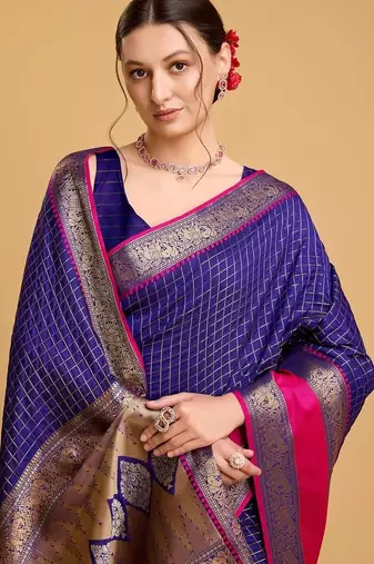 Blue silk blend woven design saree with blouse