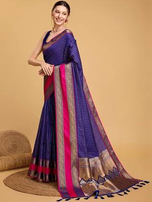 Blue silk blend woven design saree with blouse 3