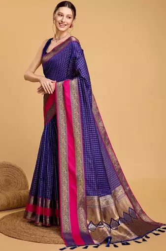 Blue silk blend woven design saree with blouse