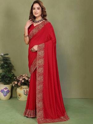 Red silk blend embroidered saree with blouse 1