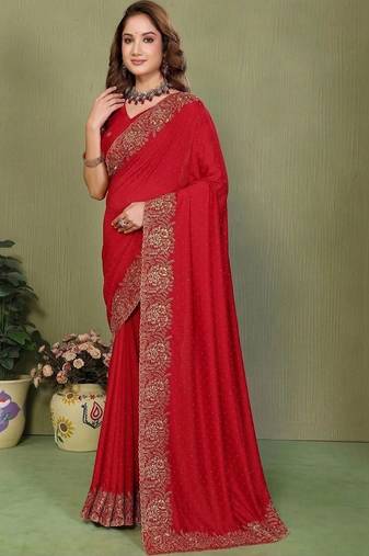 Red silk blend embroidered saree with blouse