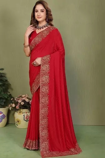Red silk blend embroidered saree with blouse