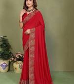 Red silk blend embroidered saree with blouse