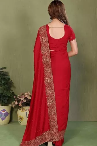 Red silk blend embroidered saree with blouse