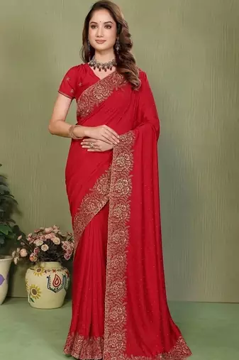 Red silk blend embroidered saree with blouse