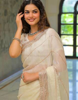 Off white pure chiffon solid saree with blouse 1