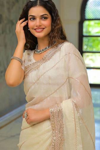 Off white pure chiffon solid saree with blouse