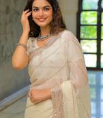 Off white pure chiffon solid saree with blouse