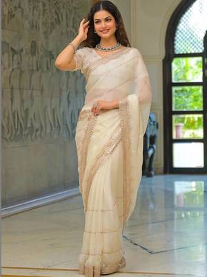 Off white pure chiffon solid saree with blouse 2