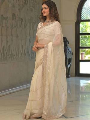 Off white pure chiffon solid saree with blouse 3