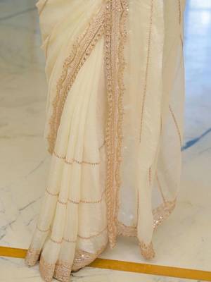 Off white pure chiffon solid saree with blouse 4