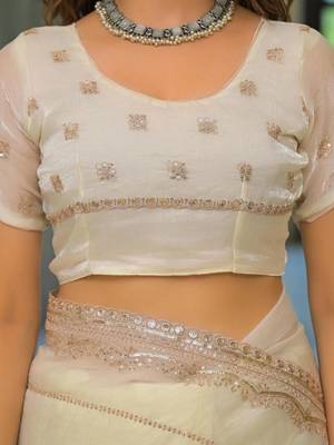 Off white pure chiffon solid saree with blouse 5