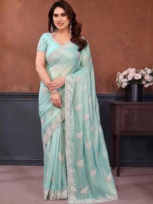 Sea green georgette embroidered saree with blouse 1