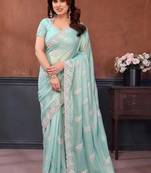 Sea green georgette embroidered saree with blouse