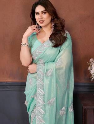 Sea green georgette embroidered saree with blouse 2