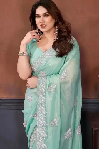 Sea green georgette embroidered saree with blouse