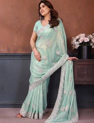 Sea green georgette embroidered saree with blouse 3