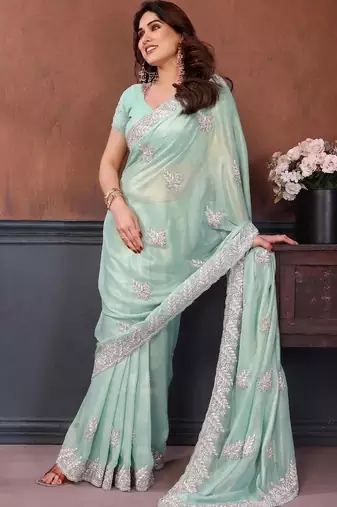 Sea green georgette embroidered saree with blouse