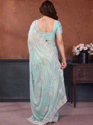 Sea green georgette embroidered saree with blouse 4