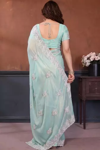 Sea green georgette embroidered saree with blouse