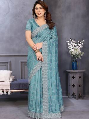 Teal silk blend embroidered saree with blouse 1