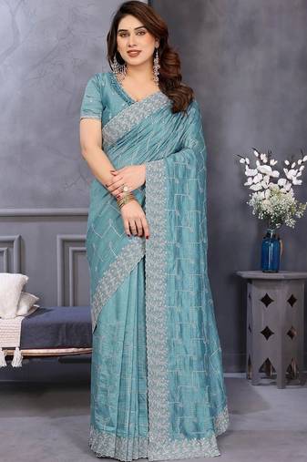 Teal silk blend embroidered saree with blouse