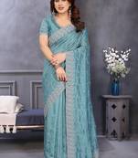 Teal silk blend embroidered saree with blouse