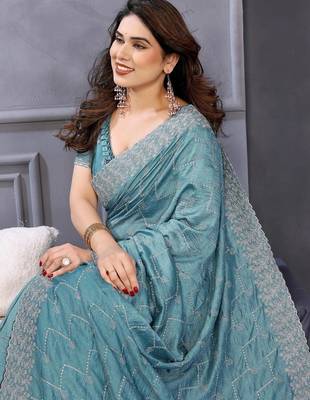 Teal silk blend embroidered saree with blouse 2