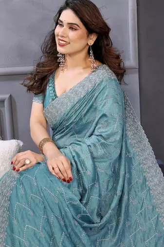 Teal silk blend embroidered saree with blouse