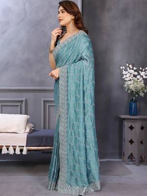 Teal silk blend embroidered saree with blouse 3