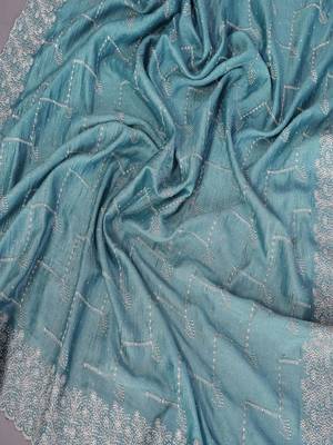 Teal silk blend embroidered saree with blouse 4