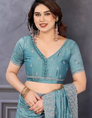 Teal silk blend embroidered saree with blouse 5