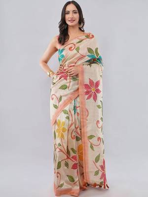 Cream silk blend printed saree with blouse 1