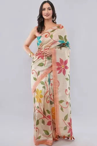 Cream silk blend printed saree with blouse