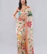 Cream silk blend printed saree with blouse