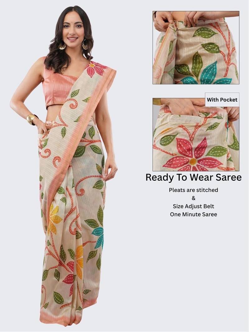 Cream silk blend printed saree with blouse